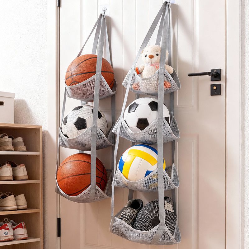 Sports Equipment Organizer Garage - กระเป๋าเก็บลูกบอลแบบแขวนติดผนังพร้อมช่องตาข่ายสำหรับจัดเก็บอุปกรณ์กีฬา บาสเก็ตบอล ฟุตบอล ของเล่นในบ้านหรือโรงรถ