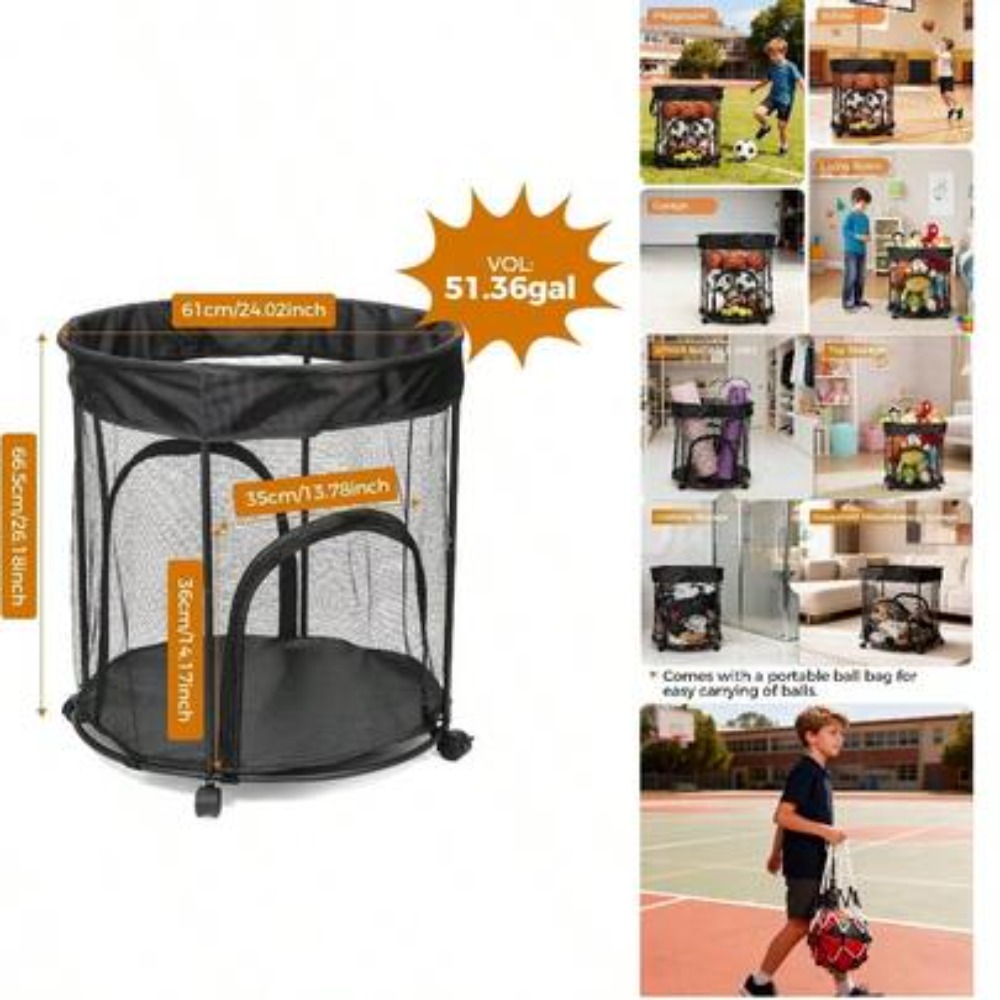 Sports Equipment Cart On Wheels - รถเข็นเก็บลูกบอลขนาด 51.36 แกลลอนพร้อมล้อเลื่อน, ตะกร้าเก็บลูกบอลแบบเปิดได้ 2 ด้านสำหรับบาสเก็ตบอล